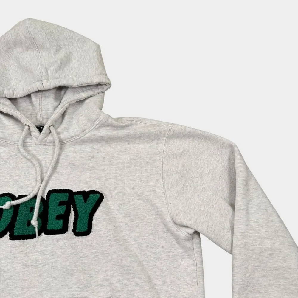 OBEY Worldwide Hoodie Mens Medium Heather Grey Green Chenille Patch Logo
